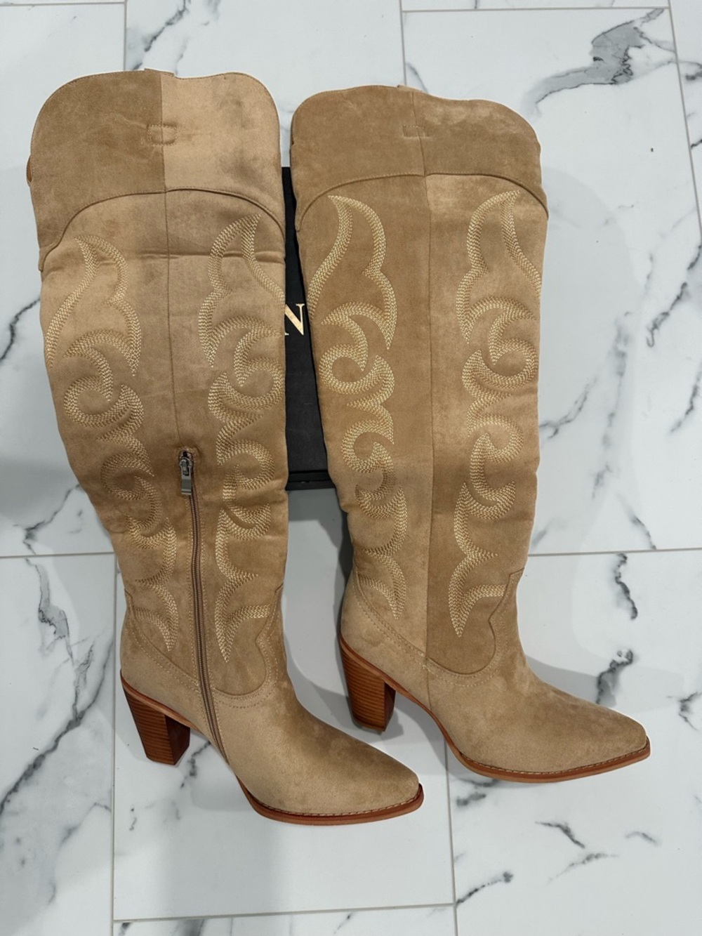 Isnom Tan Faux Suede High Knee Western Boots w/ Vintage Embroidery - Women’s 8